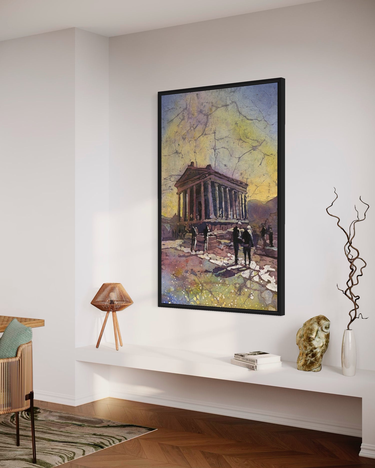 Expressive fine art watercolor painting of ancient Roman temple ruins at Garni, Armenia, blending earthy tones with dramatic skies—perfect handmade artwork for cultural wall decor or thoughtful gift.