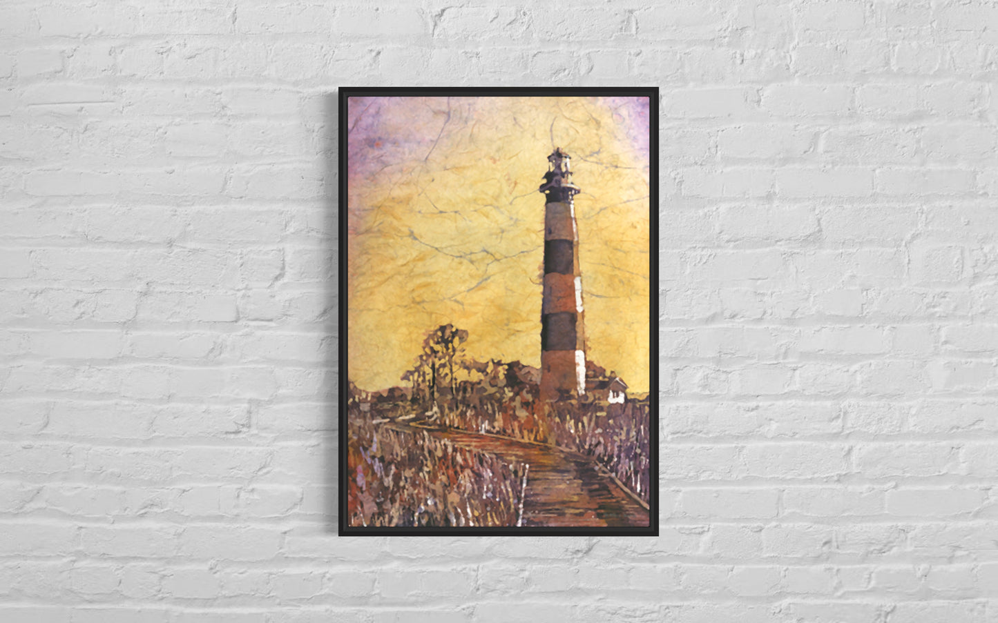 Painting Bodie Island lighthouse Outer Banks NC, colorful landscape beach watercolor painting trendy wall art handmade item giclee (print)