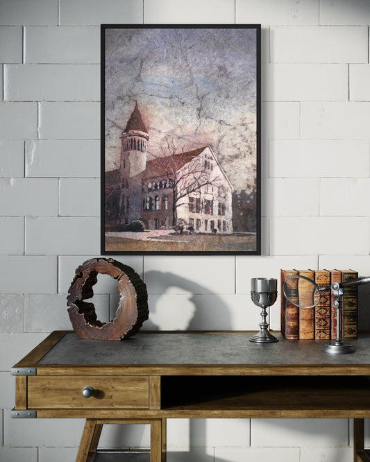 Detailed watercolor landscape of Ohio State’s Orton Hall, featuring clock tower and tree-lined paths—ideal handmade décor for students, graduates, or Buckeye fans.