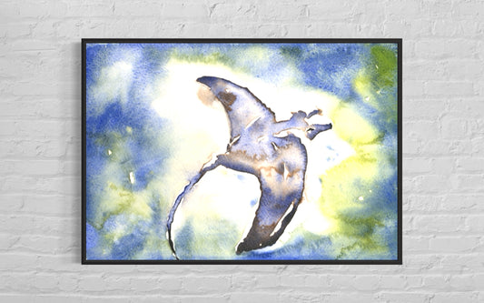 Vibrant ocean scene watercolor featuring a manta ray gliding gracefully through the water—an ideal piece for aquatic-themed decor or as a meaningful gift for marine enthusiasts.