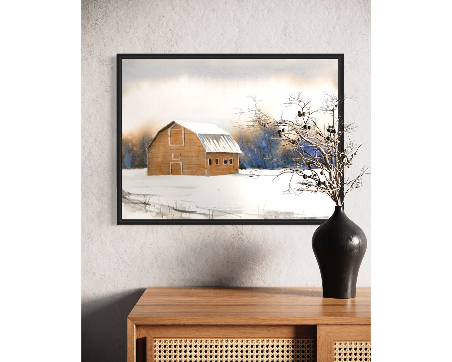 Watercolor painting of barn outside landscape artwork barn decor.  Landscape painting snowy barn and mountain (original art)