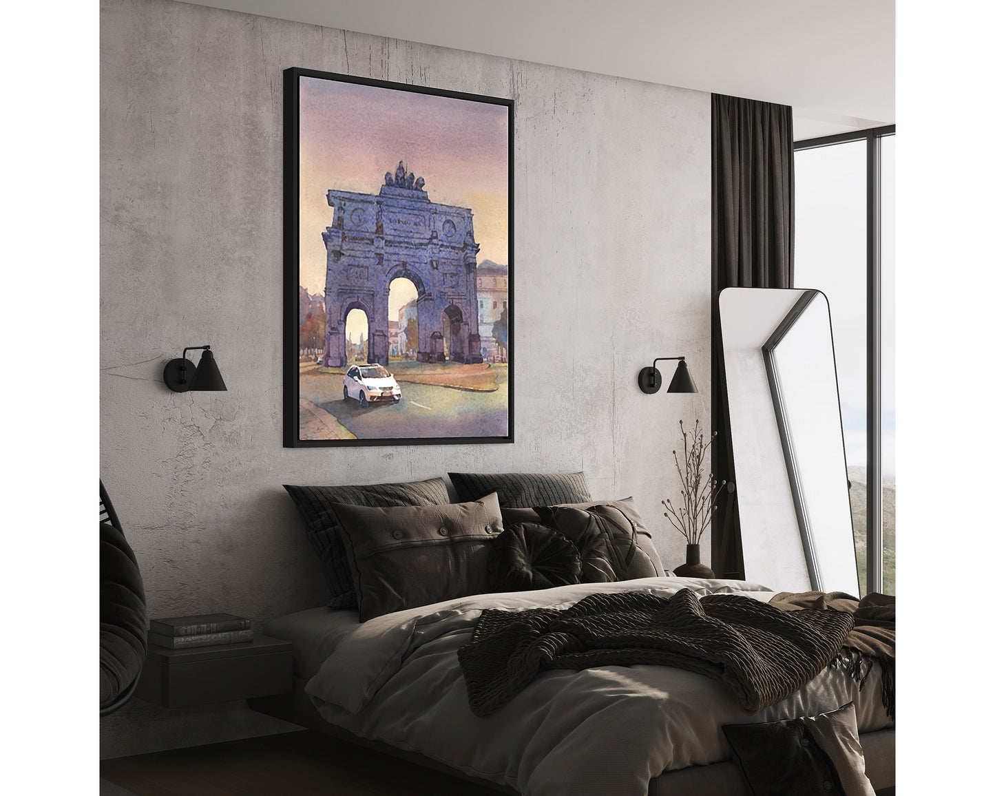 Watercolor painting Munich Germany Arc de Triump, cityscape travel essentials trendy wall art colorful sunset artwork Europe decor (original)