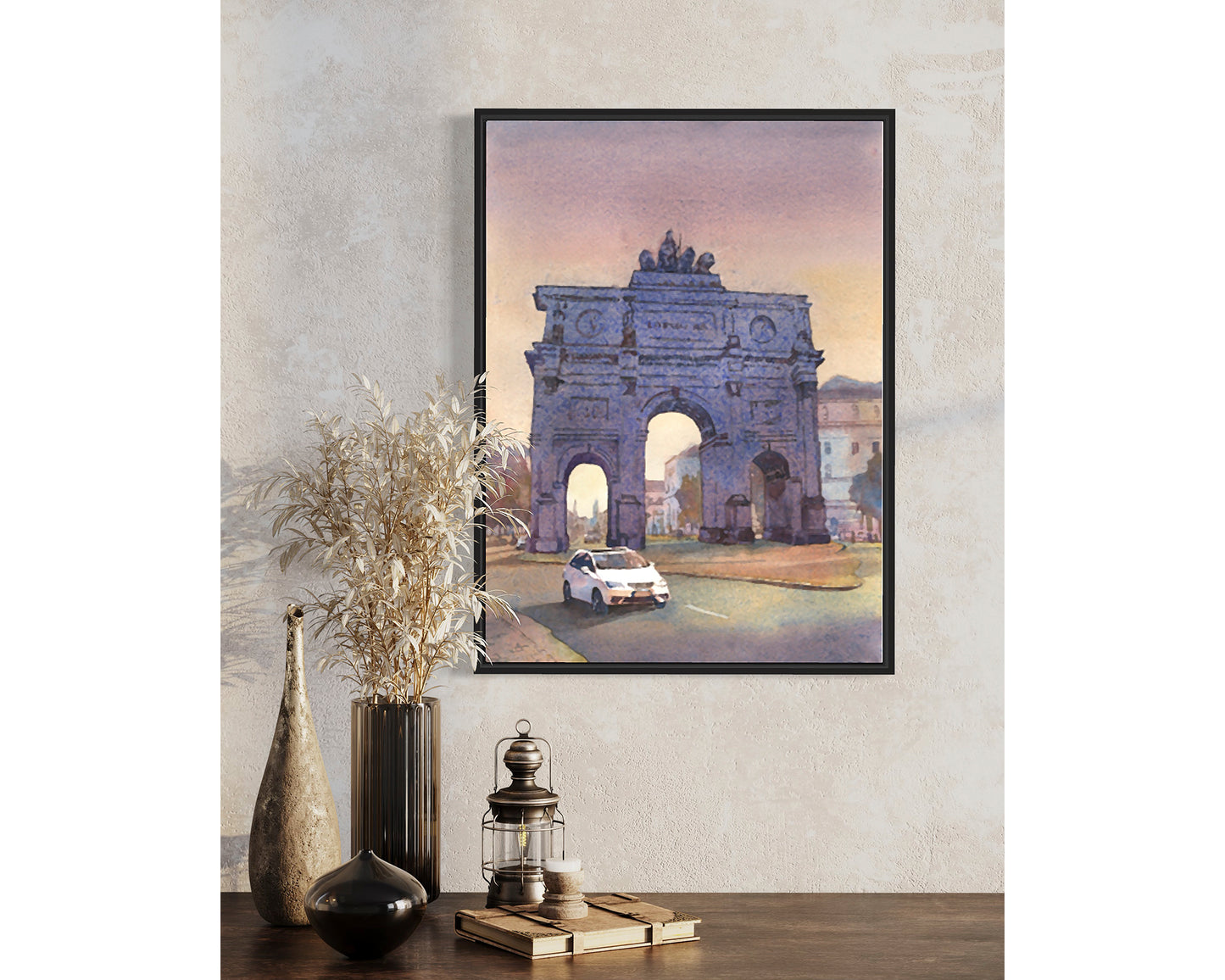 Watercolor painting Munich Germany Arc de Triump, cityscape travel essentials trendy wall art colorful sunset artwork Europe decor (original)