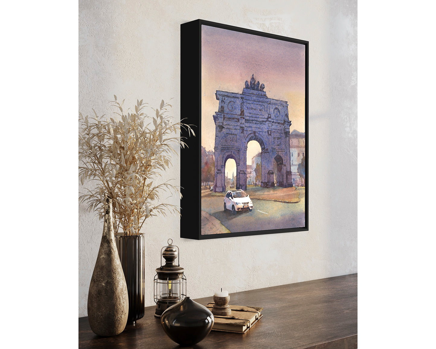 Watercolor painting Munich Germany Arc de Triump, cityscape travel essentials trendy wall art colorful sunset artwork Europe decor (original)