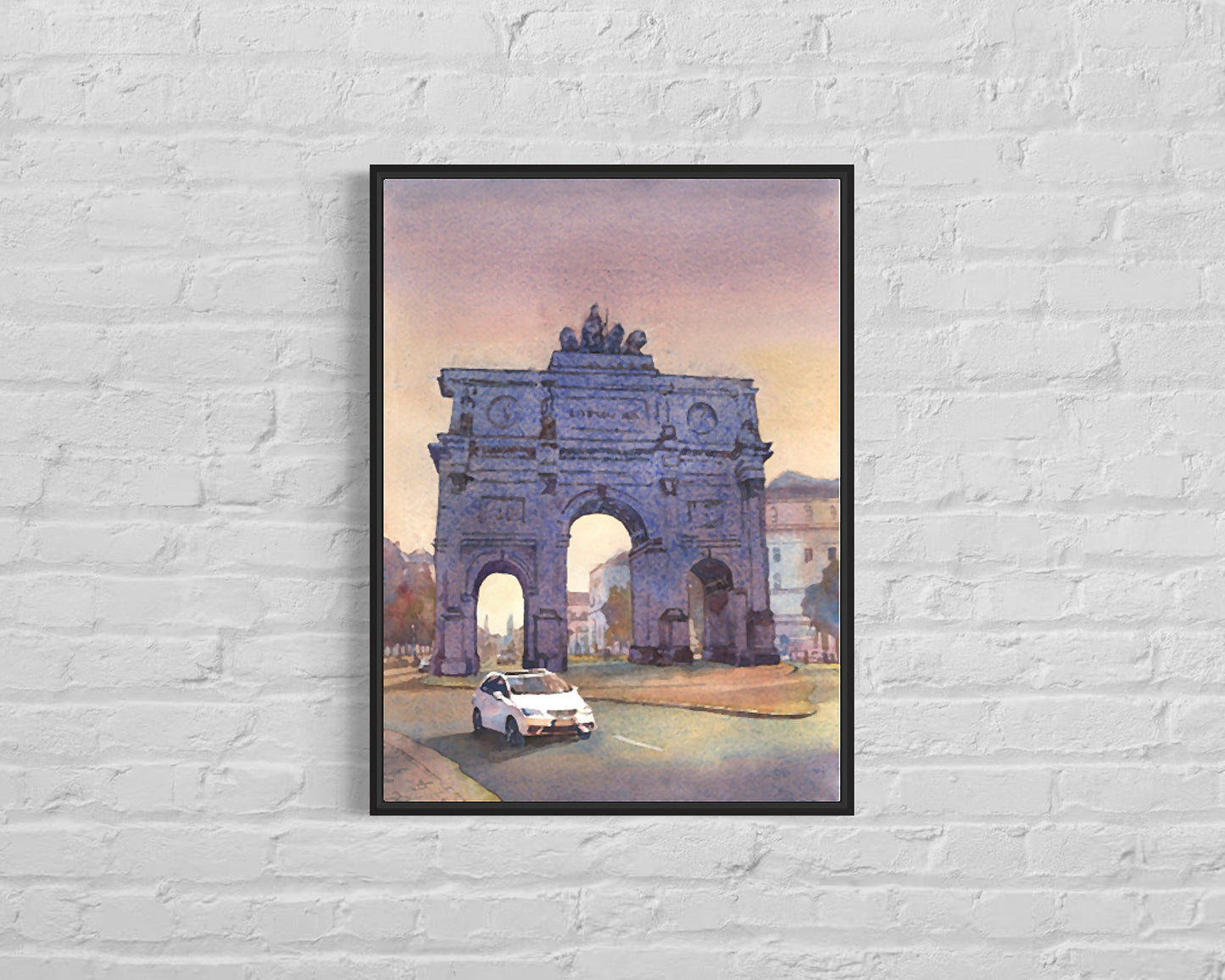 Watercolor painting Munich Germany Arc de Triump, cityscape travel essentials trendy wall art colorful sunset artwork Europe decor giclee (print)