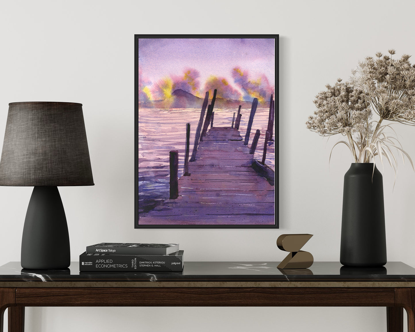 Watercolor landscape painting sunset Lake Atitlan Guatemala trendy wall art trave essentials lake boat nautical decor (original)