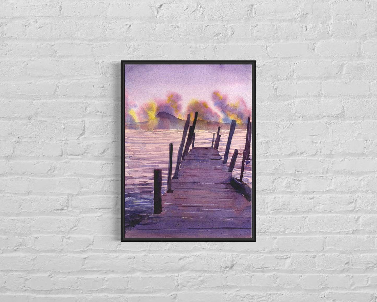 Watercolor landscape painting sunset Lake Atitlan Guatemala trendy wall art trave essentials lake boat nautical decor (original)