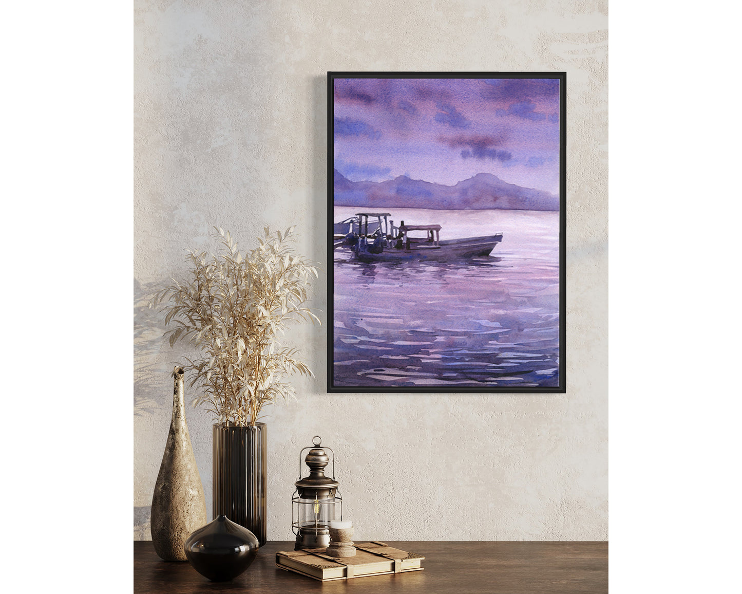 Watercolor landscape painting sunset Lake Atitlan Guatemala trendy wall art travel essentials lake boat nautical decor (original)