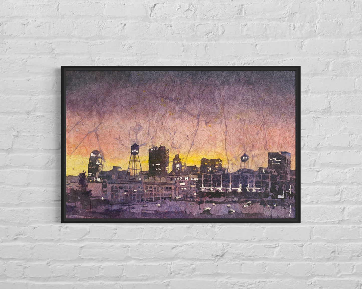 Watercolor Winston-Salem skyline colorful NC trendy wall art, handmade item sunset artwork interior design North Carolina architecture (original)