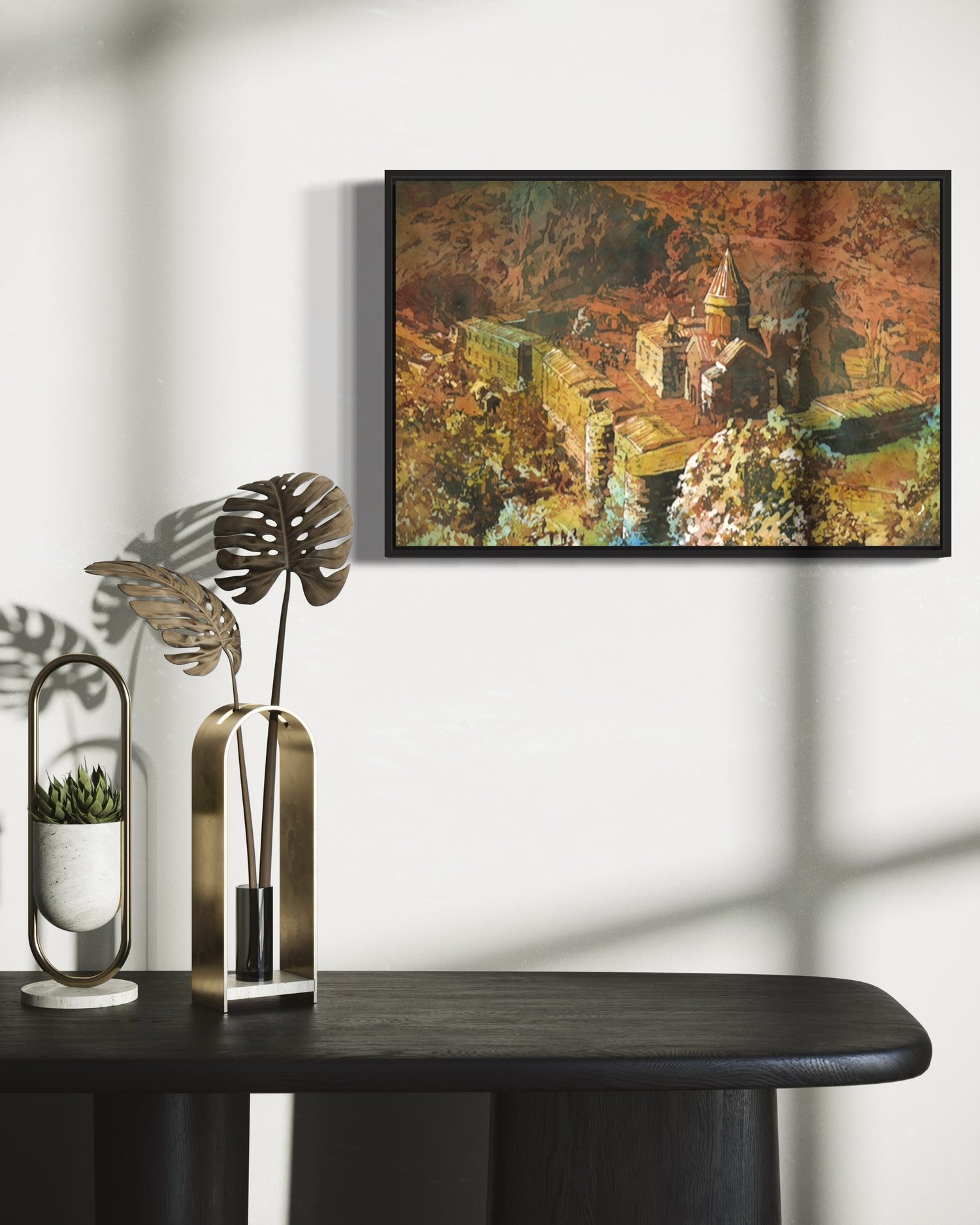 Detailed batik-style watercolor landscape of Geghard Monastery surrounded by dramatic stone cliffs, making a unique handmade Armenian home decor accent
