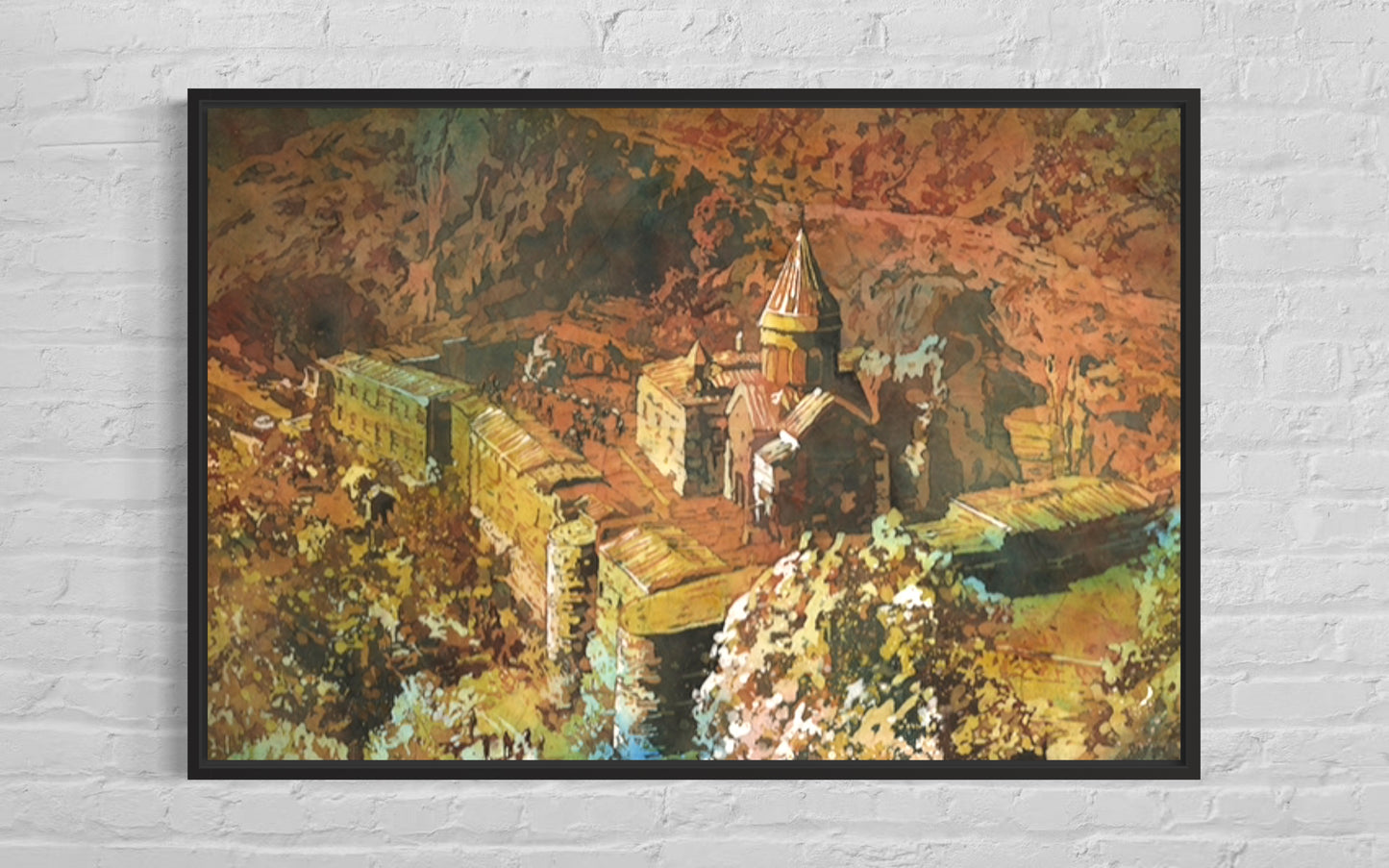 Vibrant landscape watercolor of Geghard Monastery near Yerevan, Armenia, featuring bold brushwork and rich textures—perfect for cultural wall art or global interior design themes