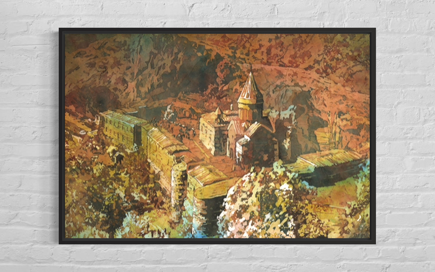 Vibrant landscape watercolor of Geghard Monastery near Yerevan, Armenia, featuring bold brushwork and rich textures—perfect for cultural wall art or global interior design themes