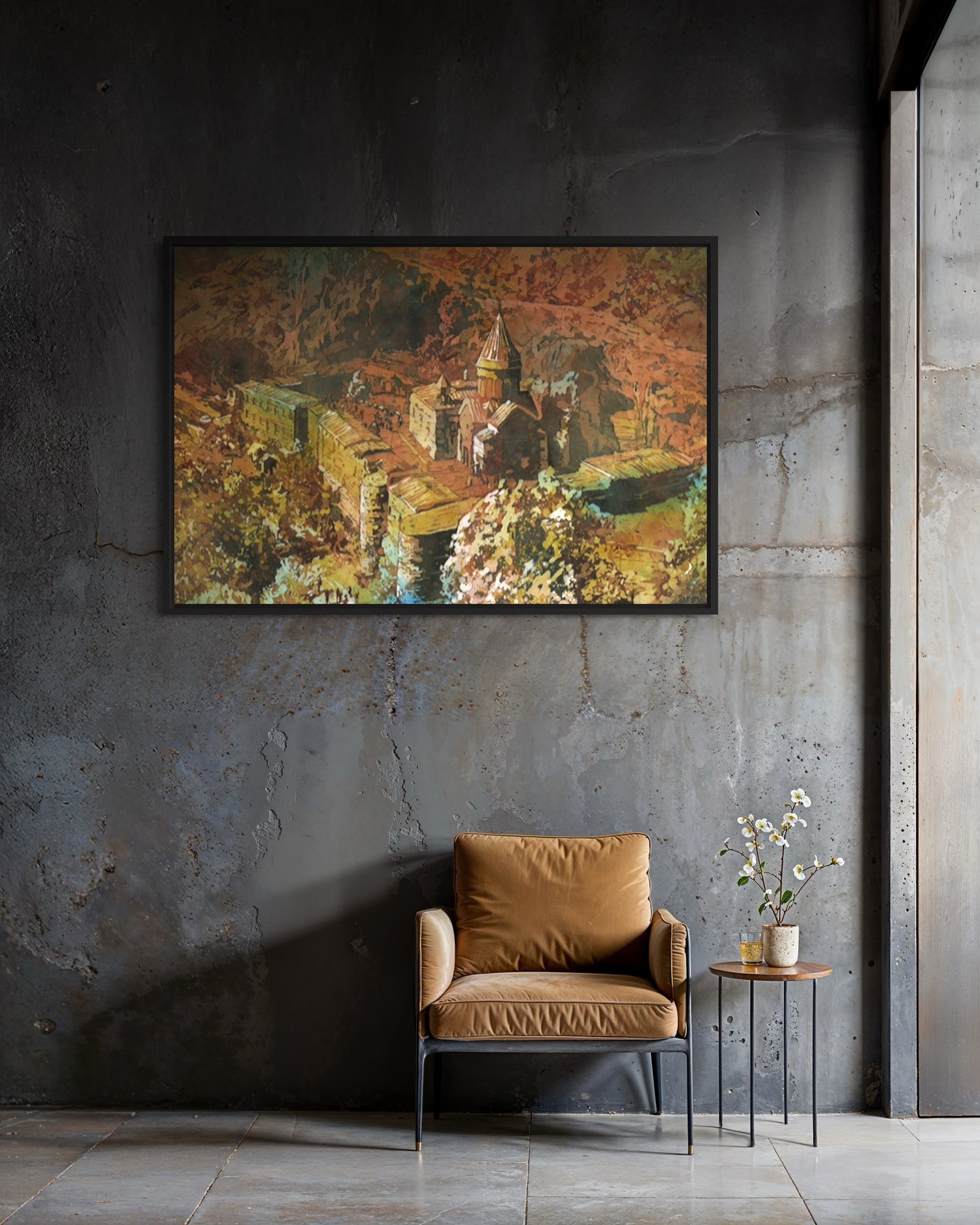 Textured watercolor painting of historic Geghard Monastery in Armenia, handcrafted with batik techniques for a one-of-a-kind art piece—perfect for art collectors or travel lovers.