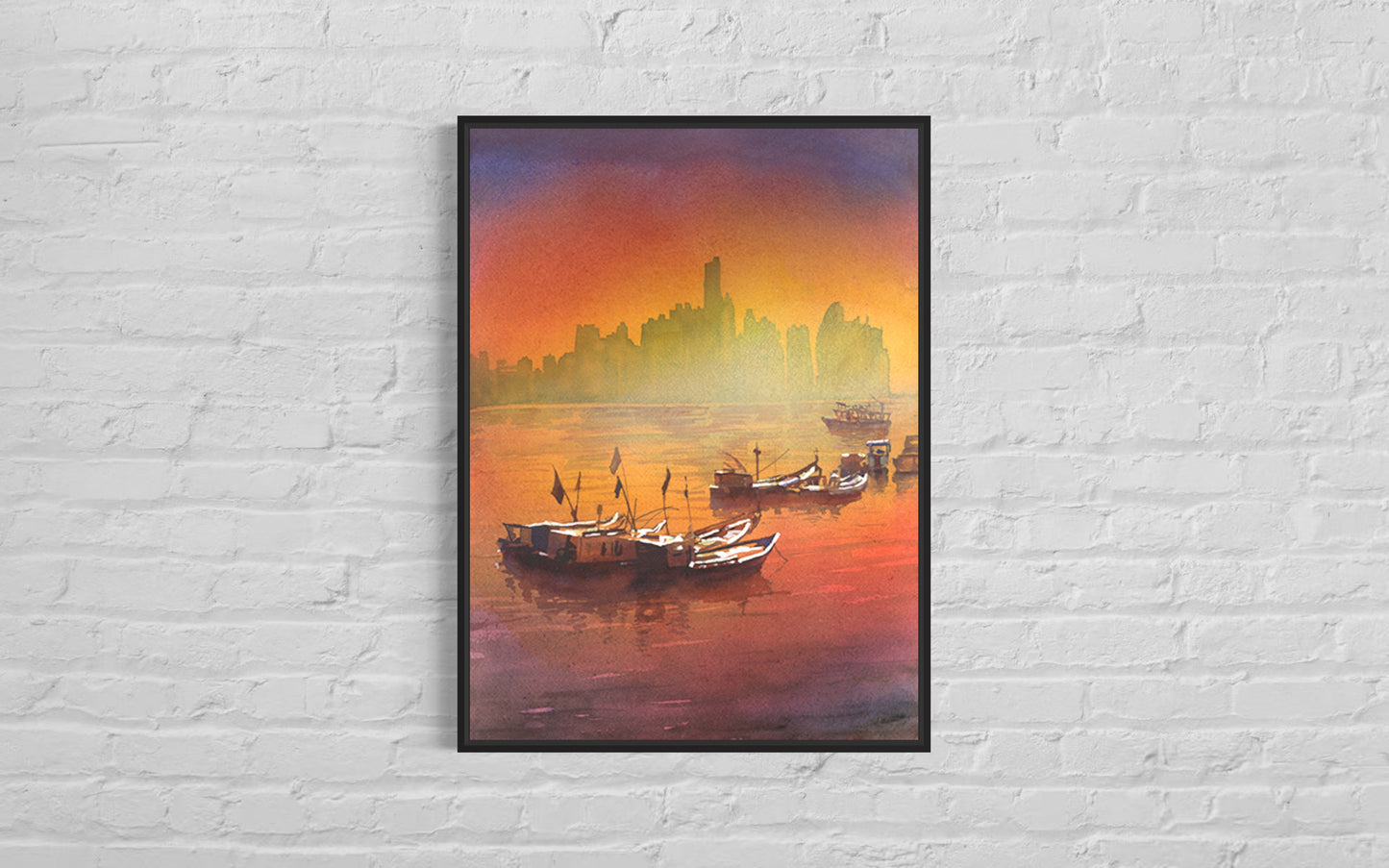 Skyline Panama City Panama watercolor painting, boat nautical artwork trendy wall art travel essentials architecture (print)