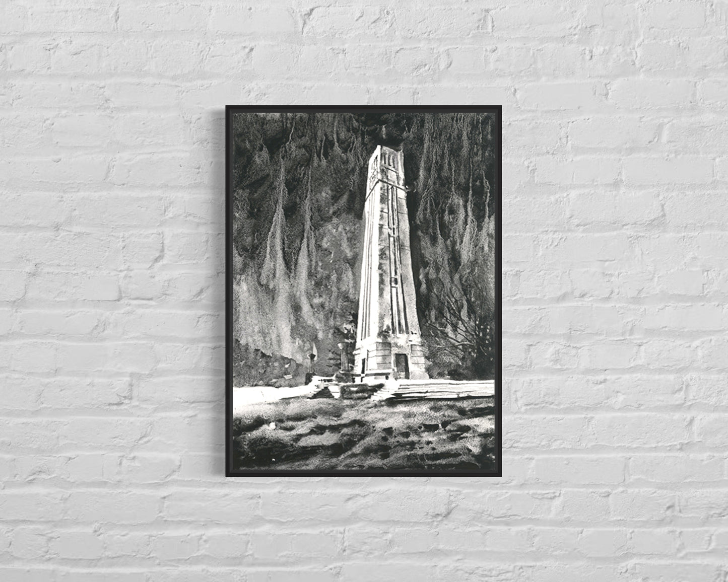 NCSU Bell Tower Raleigh North Carolina State University watercolor painting black white artwork (original)