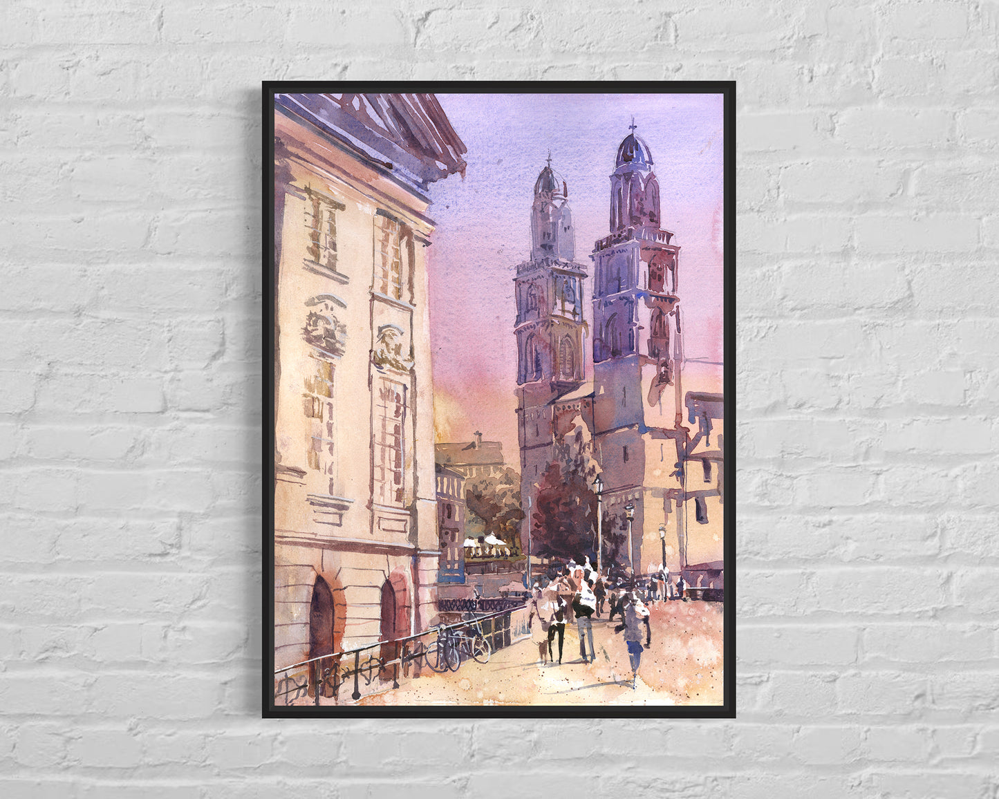 Zurich Switzerland skyline colorful watercolor painting medieval architecture travel gift handmade item trending now giclee (print)