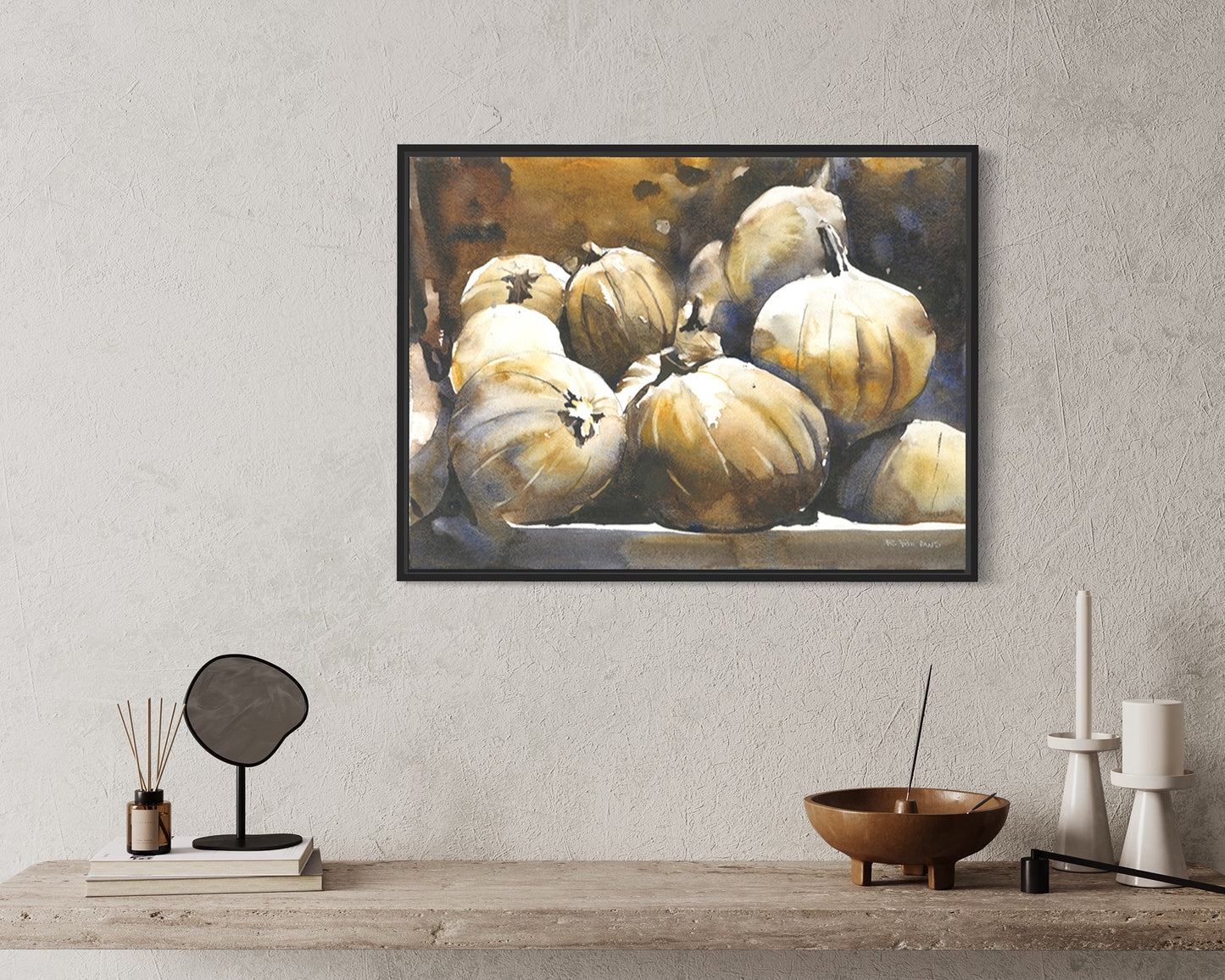 Colorful watercolor painting pumpkins Halloween kitchen artwork trendy wall art (print)