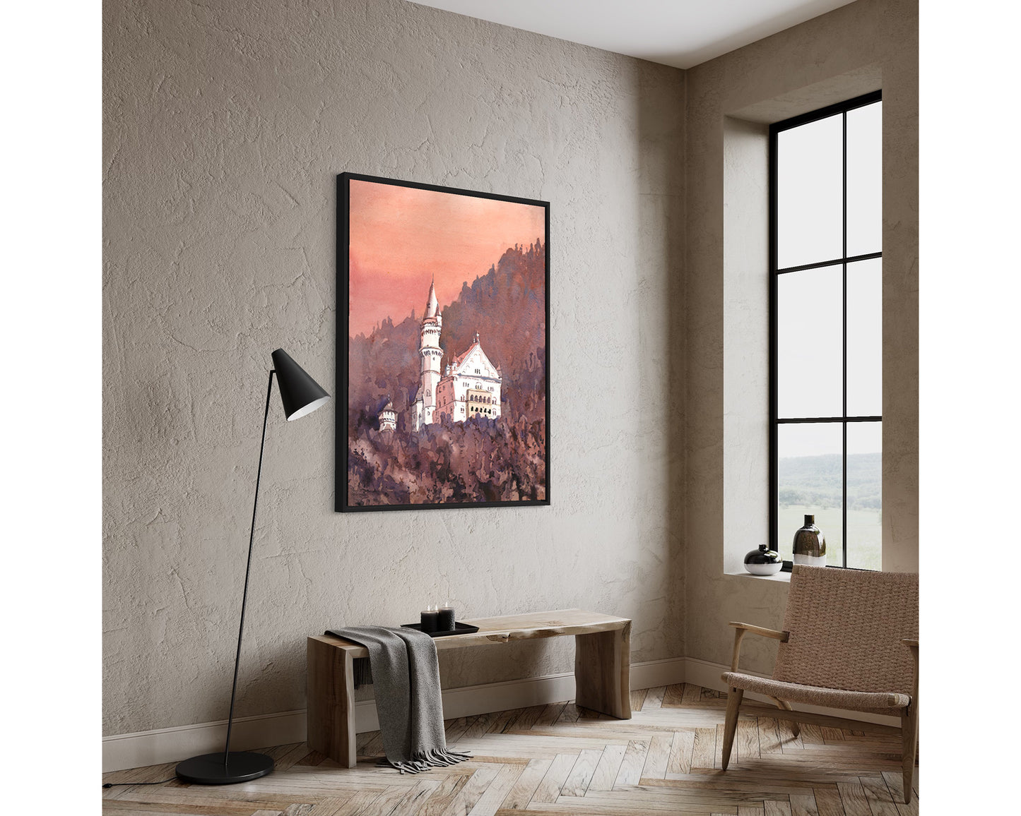 Watercolor landscape Neuschwanstein Castle travel essentials trendy wall art (original painting)