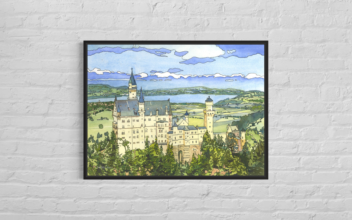 Colorful watercolor painting Neuschwanstein Castle Bavaria- Germany artwork trending now German castle fine art Bavaria (print)