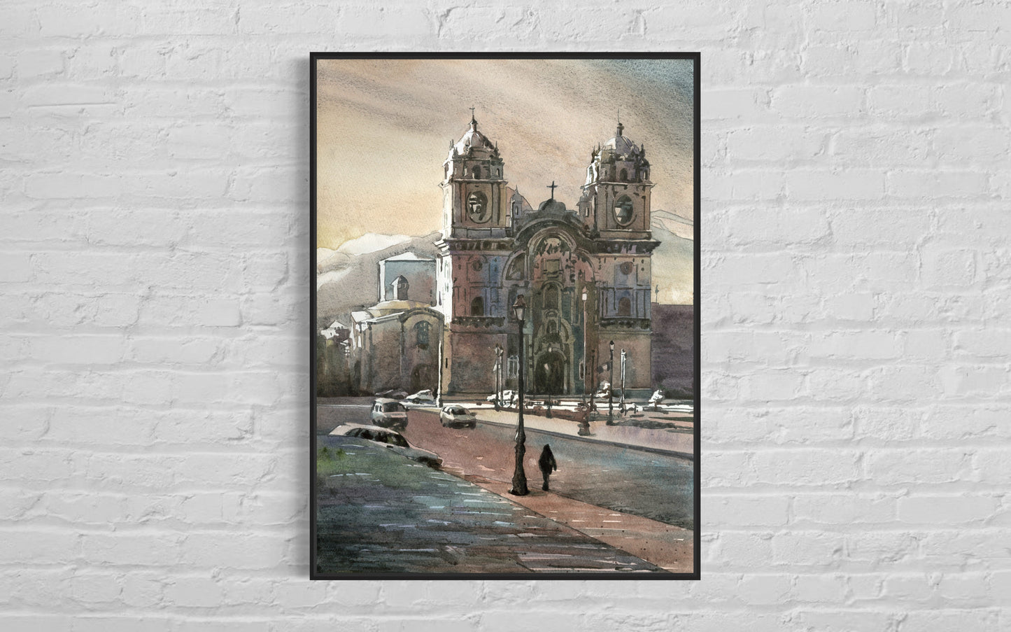 Cusco Cathedral on the Plaza de Armas at dusk- Peru.   Cathedral on Plaza de Armas Incan watercolor painting Peru artwork church Cusco (print)