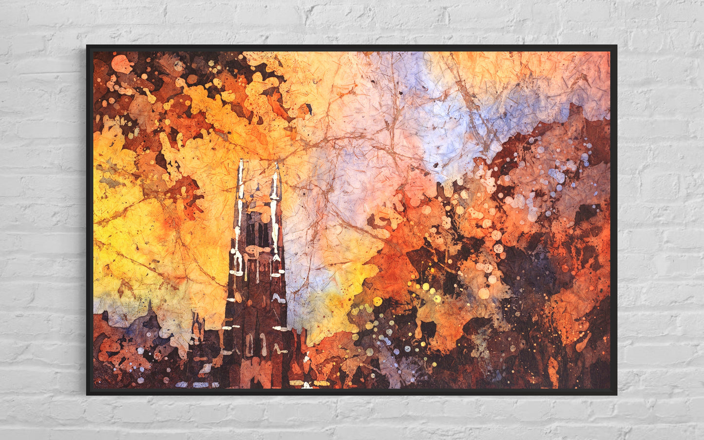 Duke Chapel on the Duke University campus- Durham, North Carolina (USA).  Watercolor batik painting Duke Chapel Durham, NC at sunset art (print)