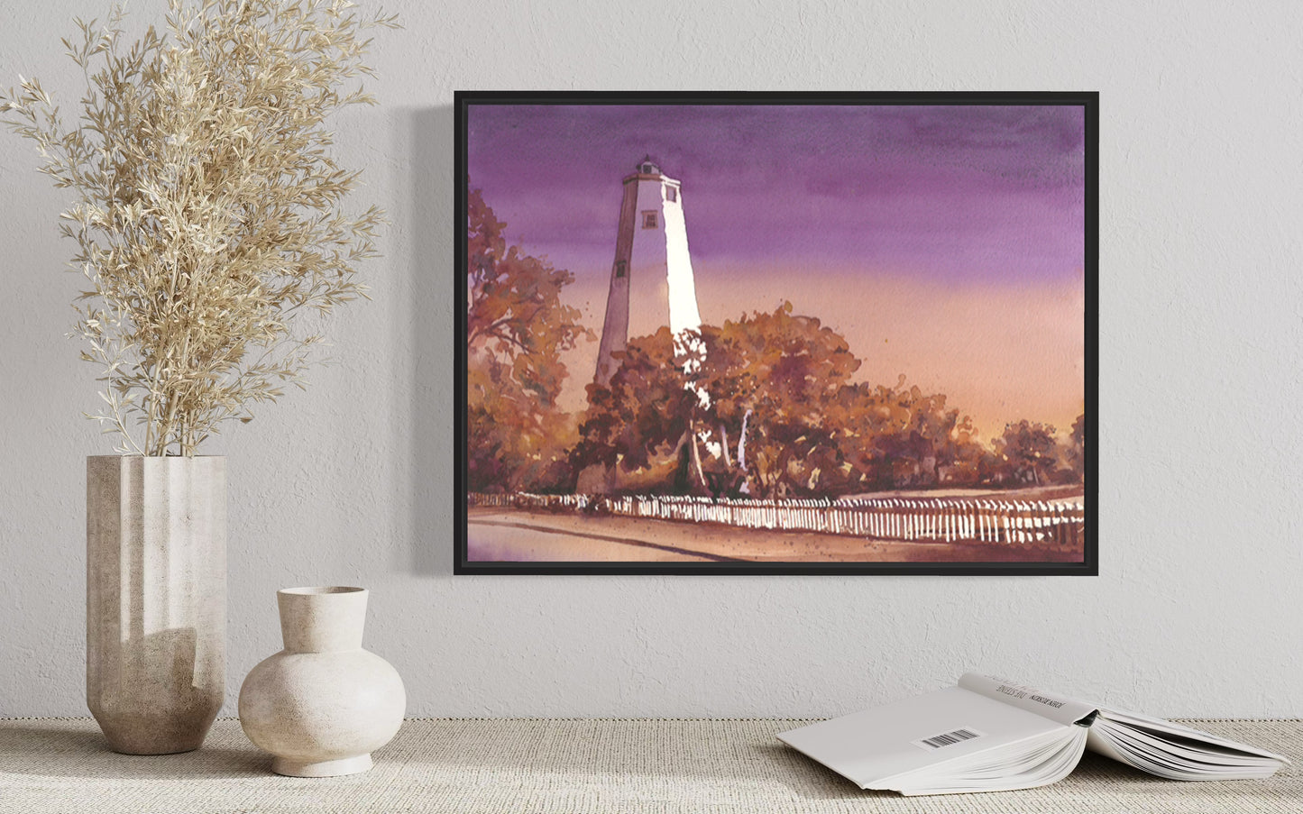 Bald Head Island lighthouse sunset watercolor landscape  Outer Banks North Carolina (original)