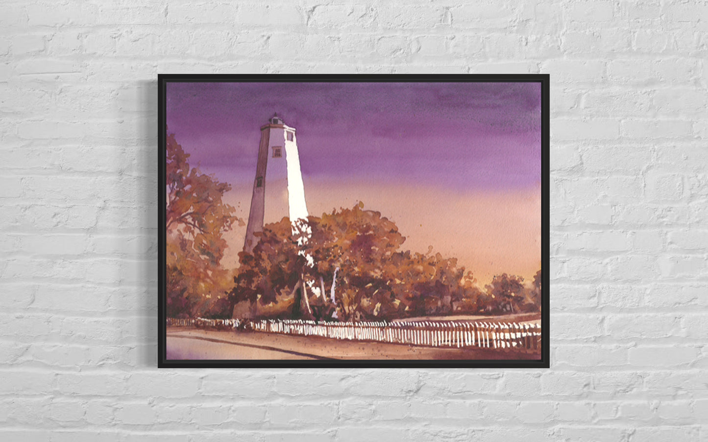 Bald Head Island lighthouse sunset watercolor landscape  Outer Banks North Carolina (original)