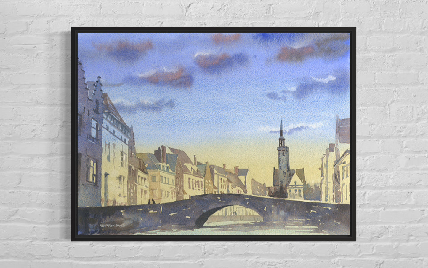 Bruges, Belgium sunset painting.  Watercolor painting Belfry of Bruges rising over medieval builidngs of city. Bruges skyline artwork watercolor sunset (print)