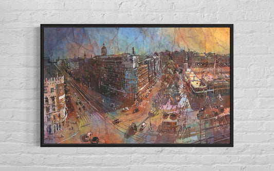 Helsinki Finland aerial view colorful watercolor batik landscape sunset decor Finnish architecture painting (original)