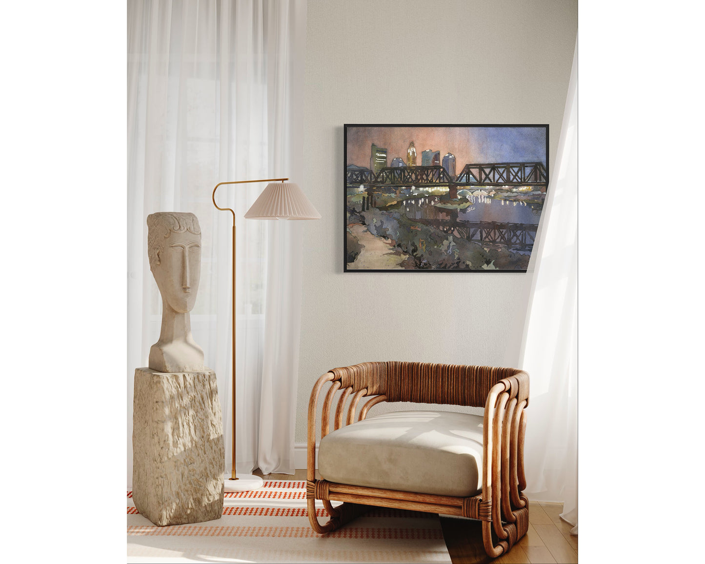 Columbus, Ohio skyline at sunset.  Watercolor painting of skyline of Columbus, OH at sunset (print)