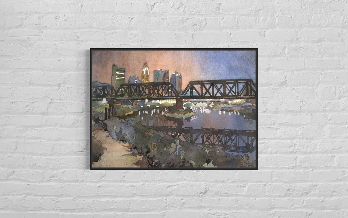 Columbus, Ohio skyline at sunset.  Watercolor painting of skyline of Columbus, OH at sunset (print)