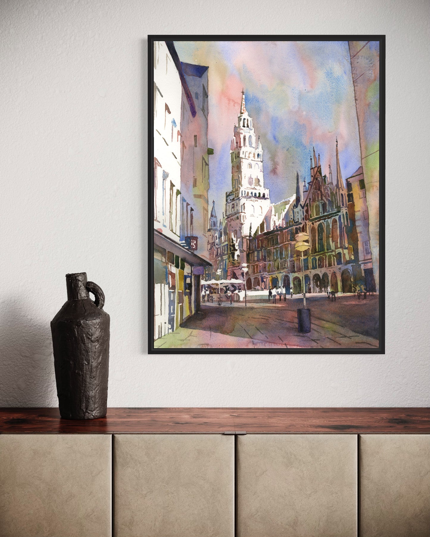 Watercolor painting Munich Germany church cityscape travel essentials trendy wall art colorful sunset artwork Europe decor (original)