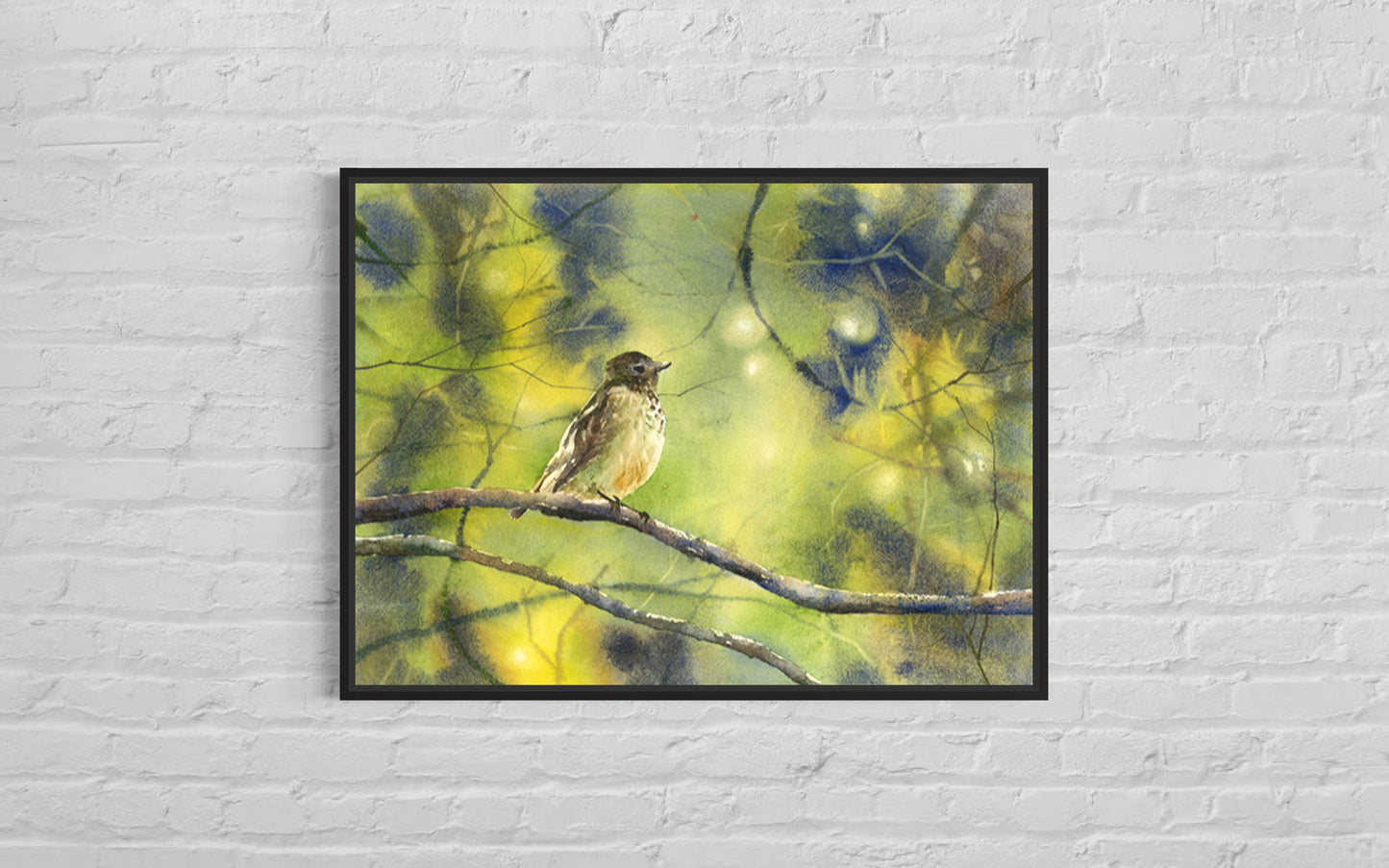 Colorful watercolor painting songbird on branch housewarming gift handmade item apartment decor giclee (print)