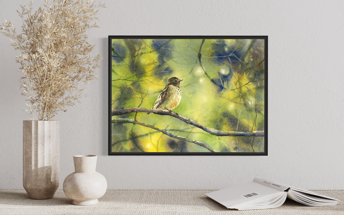 Colorful watercolor painting songbird on branch housewarming gift handmade item apartment decor giclee (print)