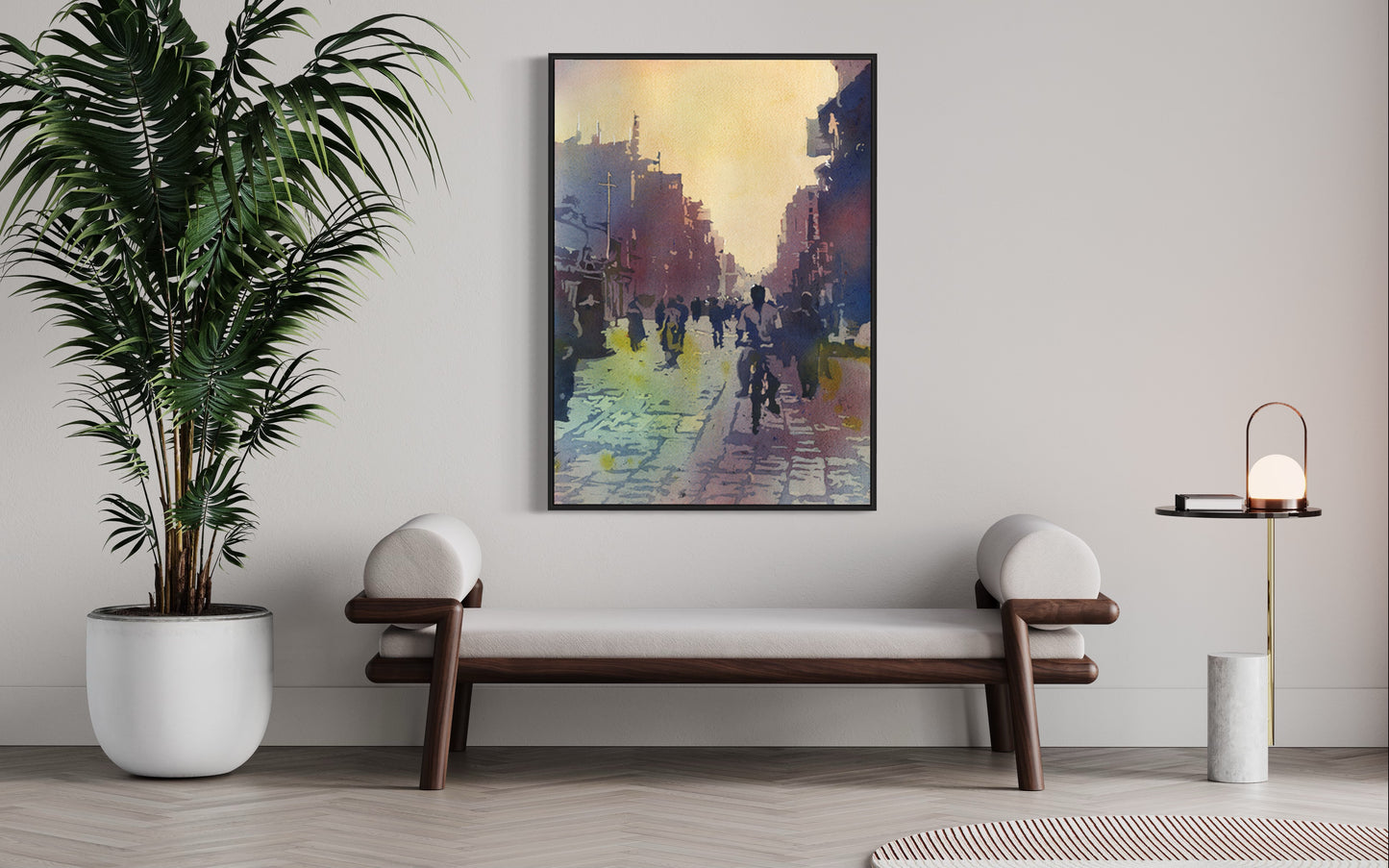 Kathmandu street scene- watercolor painting of people on street in Kathmandu, Nepal.  Nepal city Kathmandu Valley artwork fine art painting architecture (print)