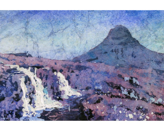 Kirkjufell waterfall on north coast of Iceland's Snæfellsnes peninsula.  Iceland watercolor landscape green home decor watercolor artwork batik art (original painting)