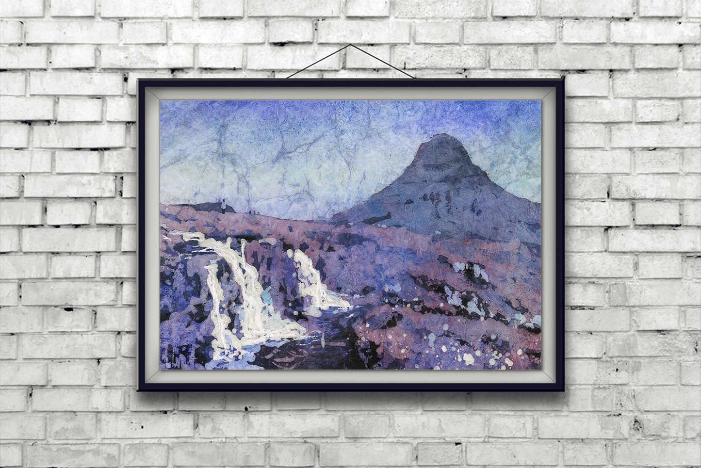 Kirkjufell waterfall on north coast of Iceland's Snæfellsnes peninsula.  Iceland watercolor landscape green home decor watercolor artwork batik art (original painting)