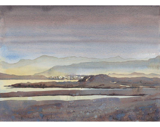 Colorful sunset art Iceland landscape small town  housewarming gift giclee (print)