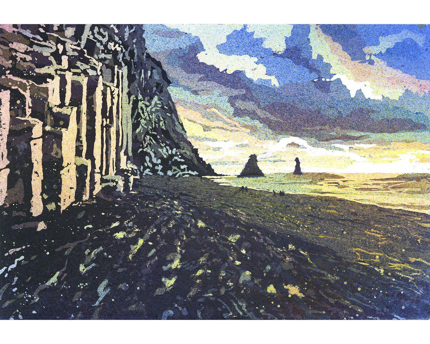 Watercolor painting of Reynisfjara black sand beach Iceland with basalt columns and sea stacks