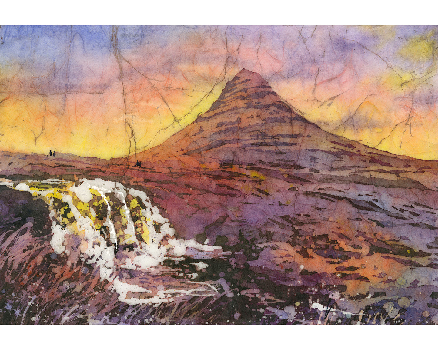 Kirkjufell Mountain waterfall Iceland watercolor batik landscape painting (original)