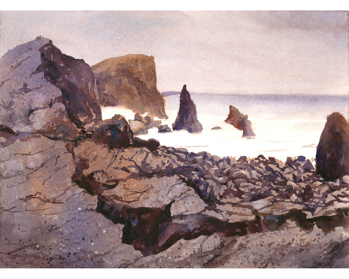 Reykjanestá Peninsula in Iceland. Watercolor painting rocky coastline Iceland purple watercolor (original)