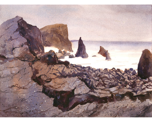 Watercolor painting of Reykjanestá Peninsula Iceland rocky coastline and sea stacks
