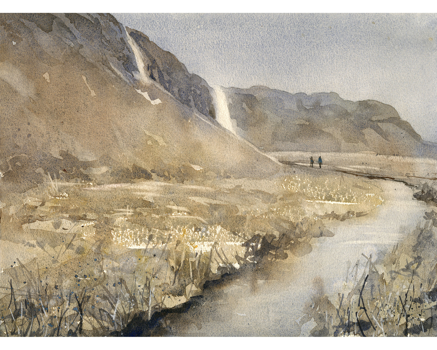 Watercolor painting of Seljalandsfoss waterfall in Iceland landscape