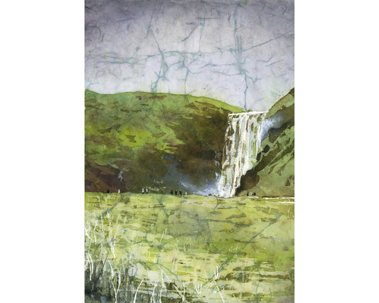 Skogafoss waterfall colorful watercolor batik Iceland landscape travel essentials art for house handmade item interior design (original)