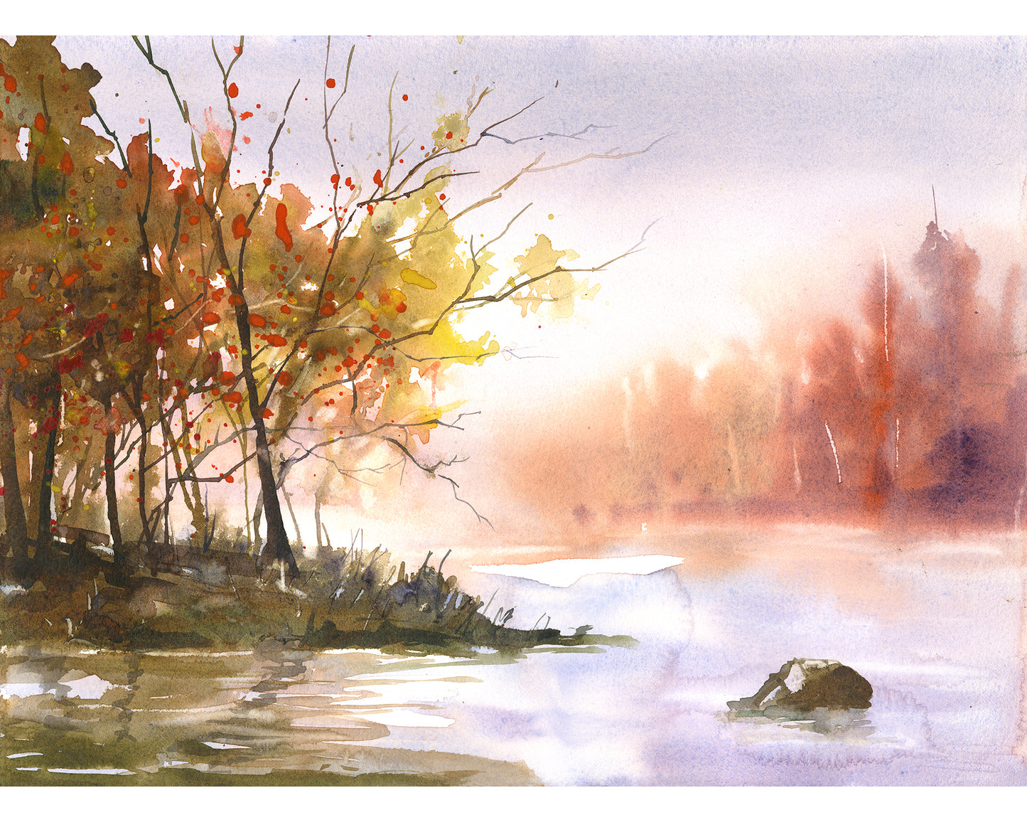 Watercolor painting of misty autumn lake with fall foliage trees, soft fog, and reflective water, peaceful nature landscape wall art