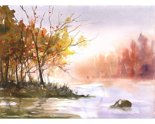 Watercolor painting of misty autumn lake with fall foliage trees, soft fog, and reflective water, peaceful nature landscape wall art