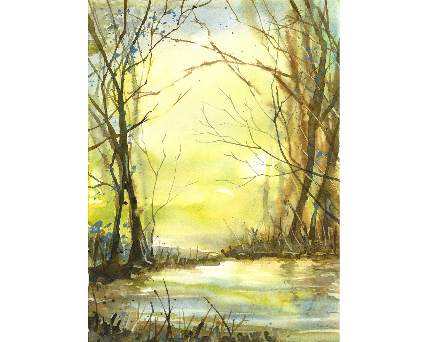 Watercolor landscape painting of golden sunrise through bare trees – glowing woodland light over a quiet stream, nature wall art print

Sunlit forest watercolor painting with