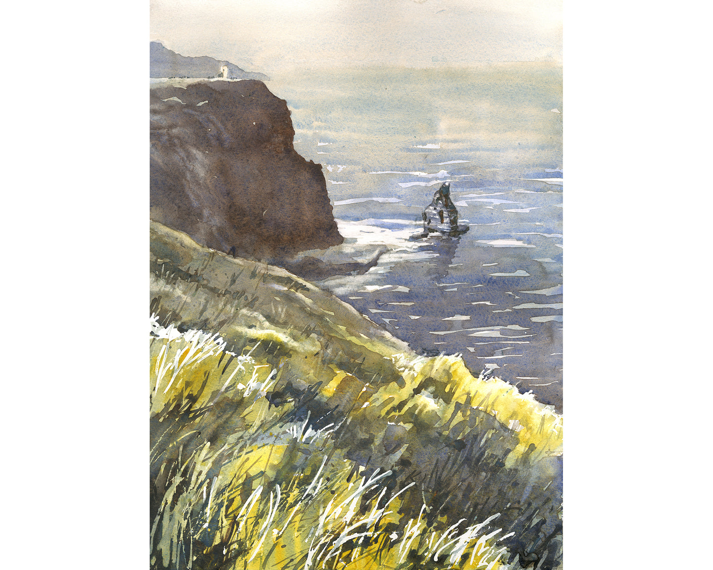 Watercolor painting of Cliffs of Moher coastal view in Ireland with dramatic cliffs and ocean scene
