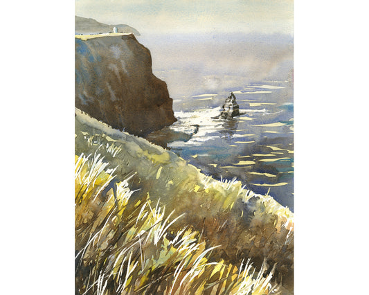 Watercolor painting of the Cliffs of Moher, Ireland – dramatic Atlantic Ocean coastline with sea stack and golden grasses