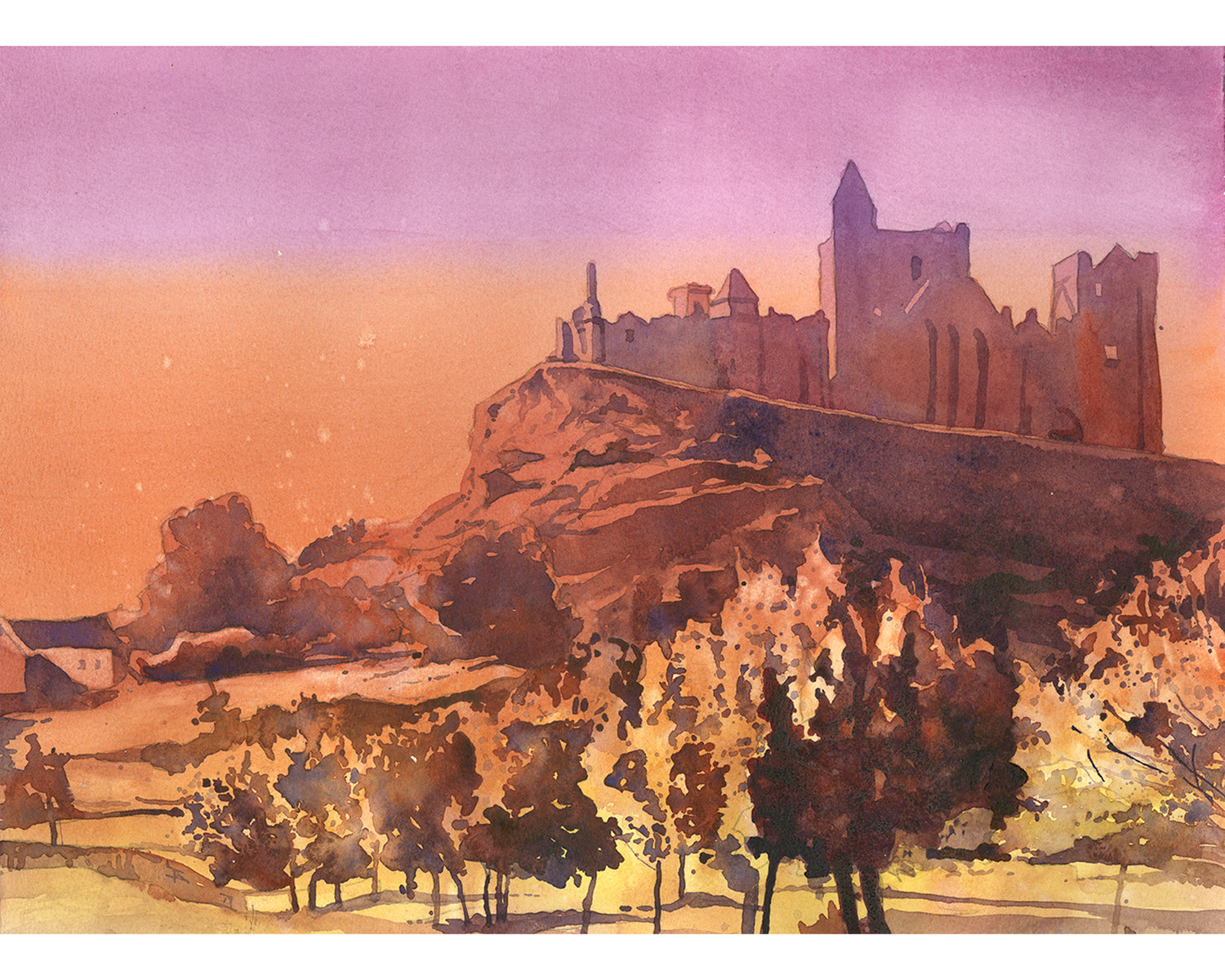 Watercolor painting of the Rock of Cashel castle at sunset in Ireland – vibrant Irish landscape art for collectors and interior designers